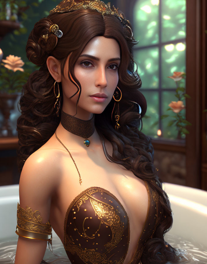 Brunette woman in ornate dress with gold jewelry in luxurious fantasy setting