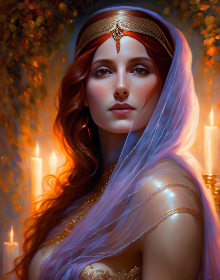 Red-haired woman in golden headpiece and purple veil among candlelight and autumn leaves