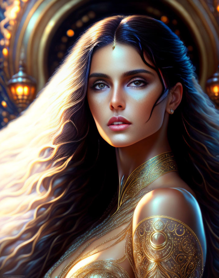 Mystical woman with blue eyes, flowing hair, and gold armor in warm glow