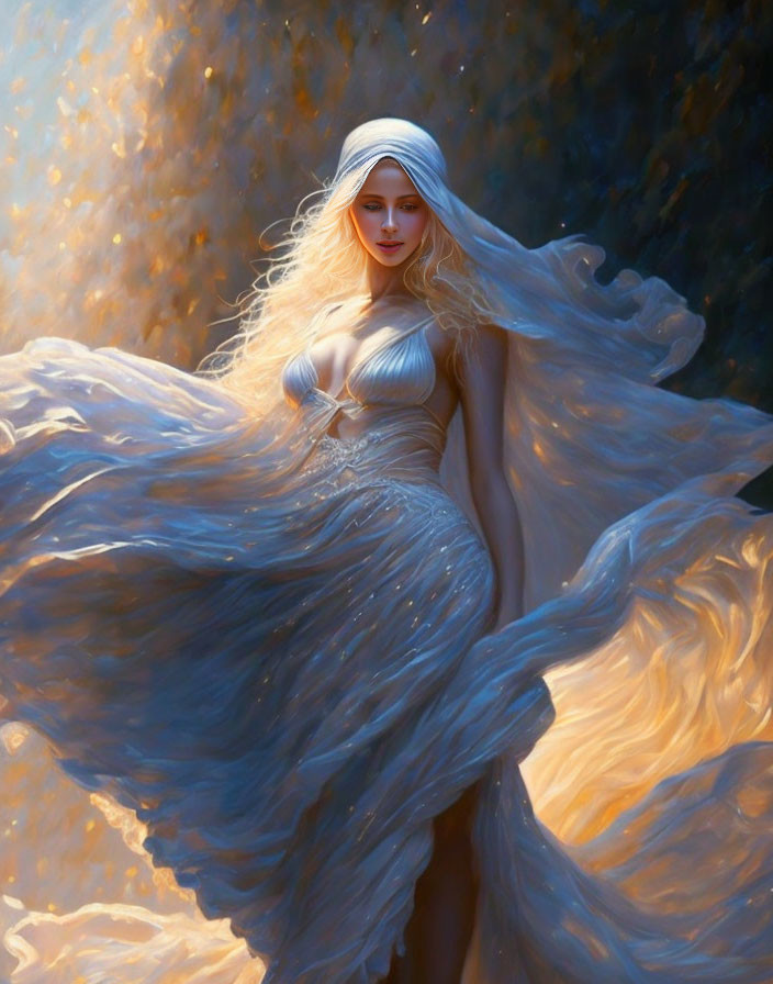 Fantasy illustration of woman with long white hair and flowing dress in ethereal light