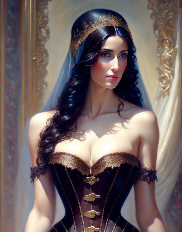 Dark-haired woman in regal attire with gold crown and corset against ornate backdrop