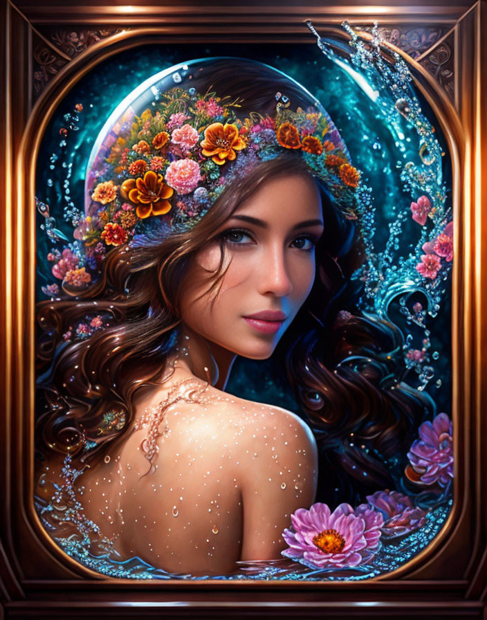 Woman with Floral Crown and Swirling Water Backdrop in Vintage Bronze Frame