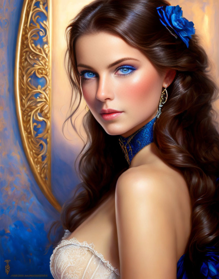 Woman with Blue Eyes and Flower in Hair: Digital Painting in Ornate Frame