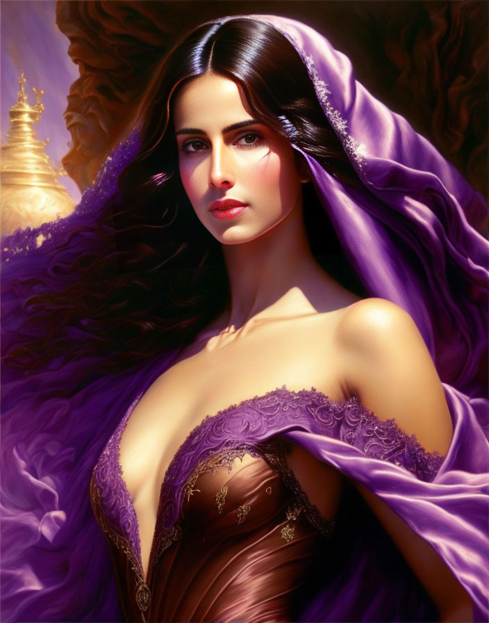 Dark-haired woman in purple cloak with gold embroidery against golden temple.