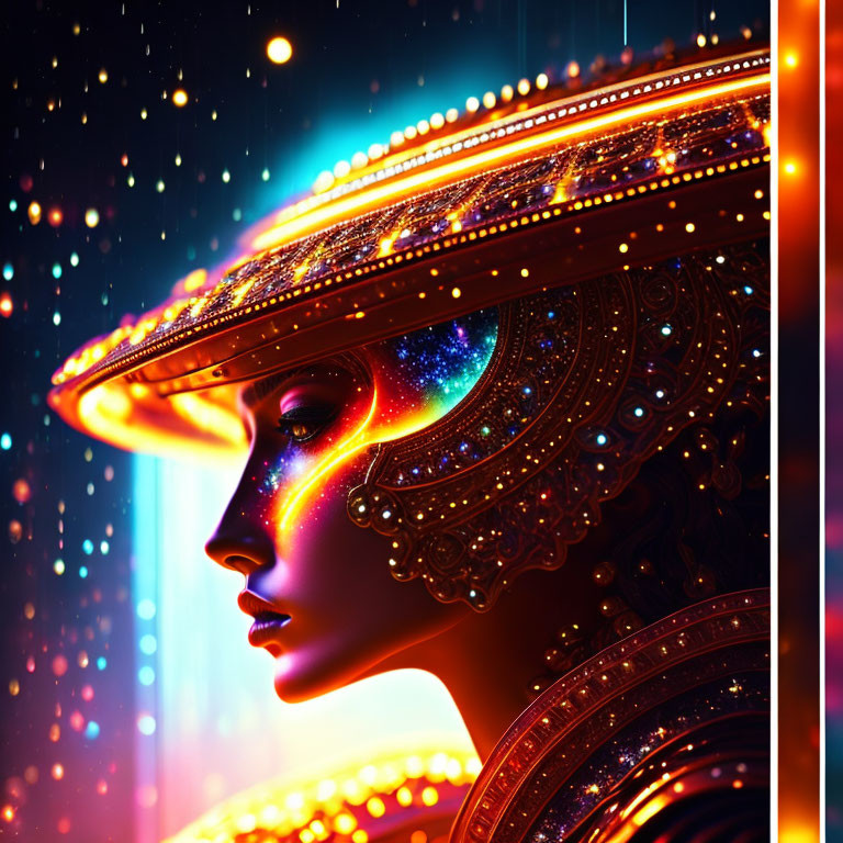 Profile portrait digital artwork of woman with cosmic patterns in headwear, neon-lit backdrop