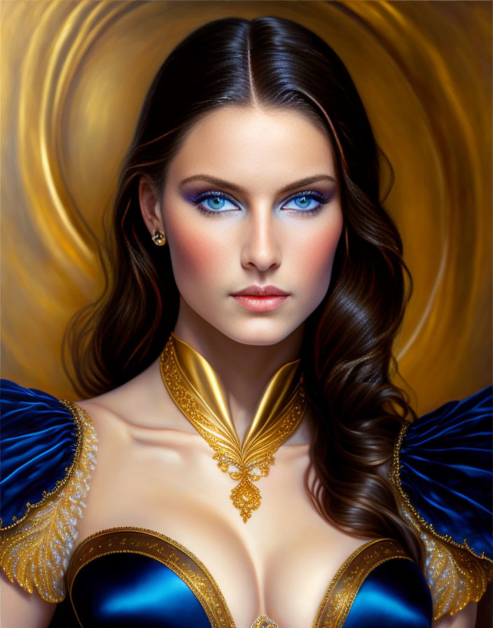 Digital portrait of a woman with blue eyes, brown hair, golden earrings, royal blue dress on golden