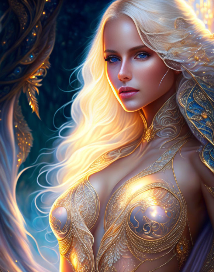 Fantasy portrait: Woman with glowing blue eyes and golden armor