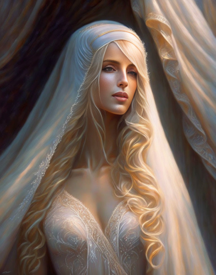 Blonde woman in ornate attire against ethereal background