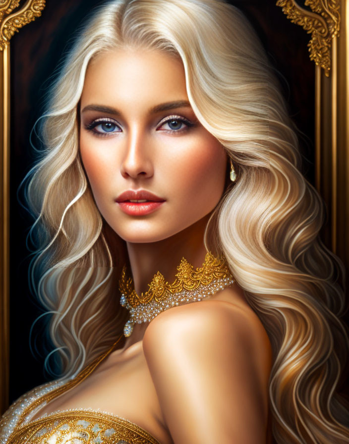 Blonde woman portrait with blue eyes and golden jewelry