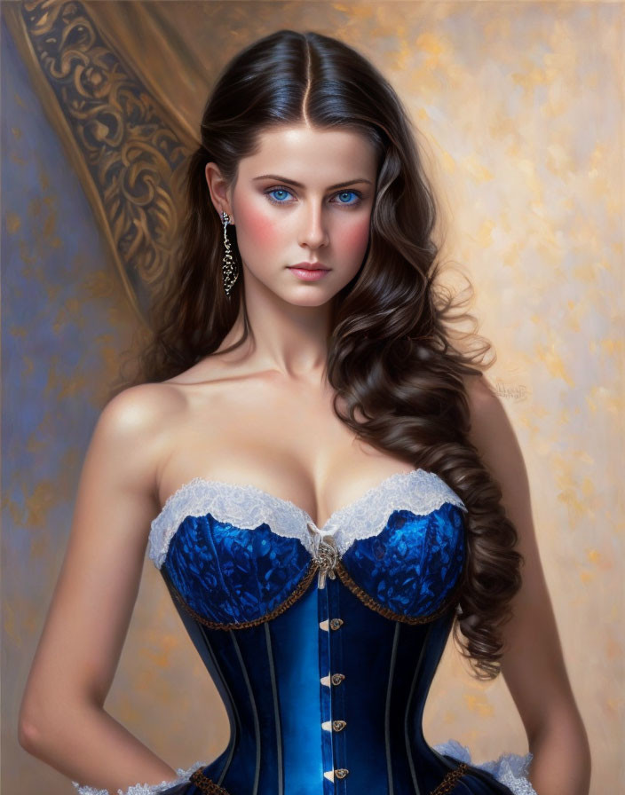 Portrait of Woman with Blue Eyes and Dark Wavy Hair in Blue Corset on Golden Background