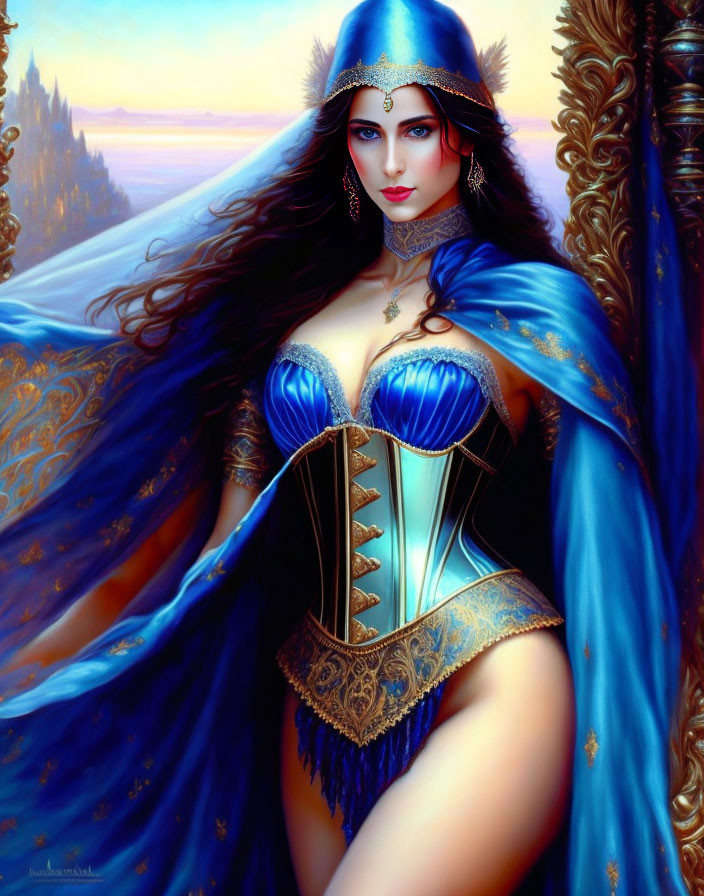 Fantasy artwork: Woman in blue attire with red eyes on twilight landscape