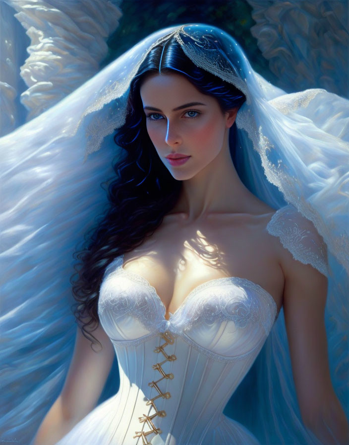 Bride portrait in white corseted dress with blue veil