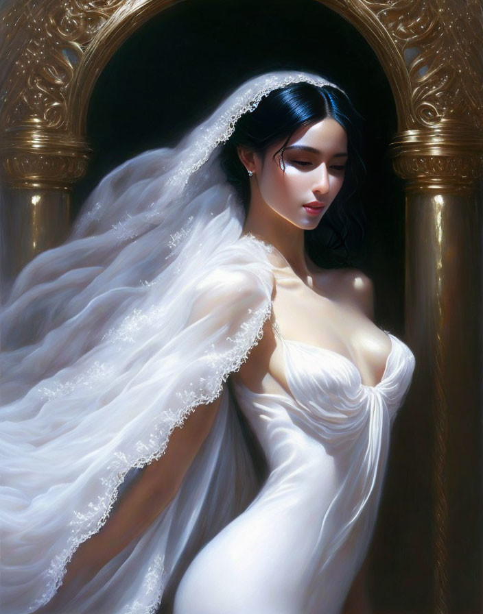 Elegant bride in white gown near ornate archway