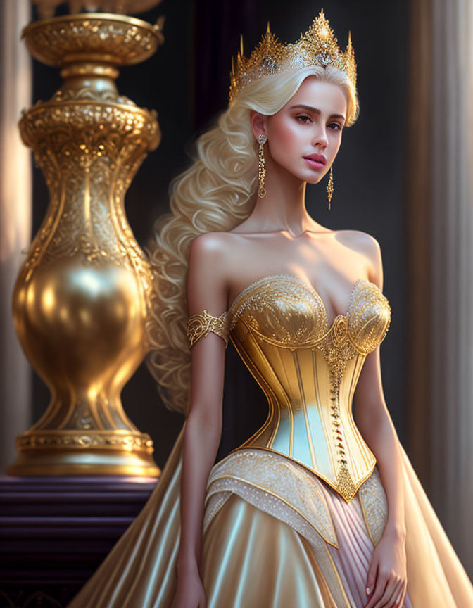 Regal woman in gold corseted gown with crown and vase