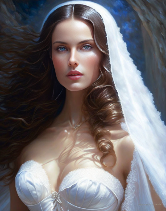 Portrait of woman with brown hair, blue eyes, in white wedding attire