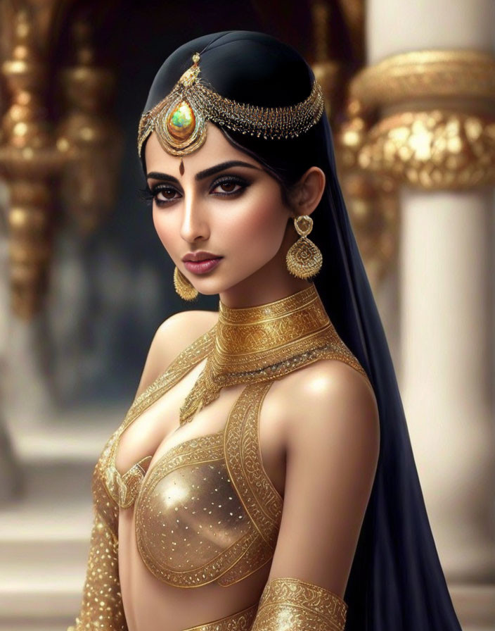 Traditional Indian jewelry on woman with dramatic makeup