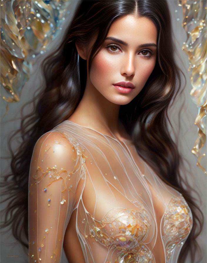 Digital artwork of woman with long brown hair and intense gaze in translucent, embellished outfit with gold details