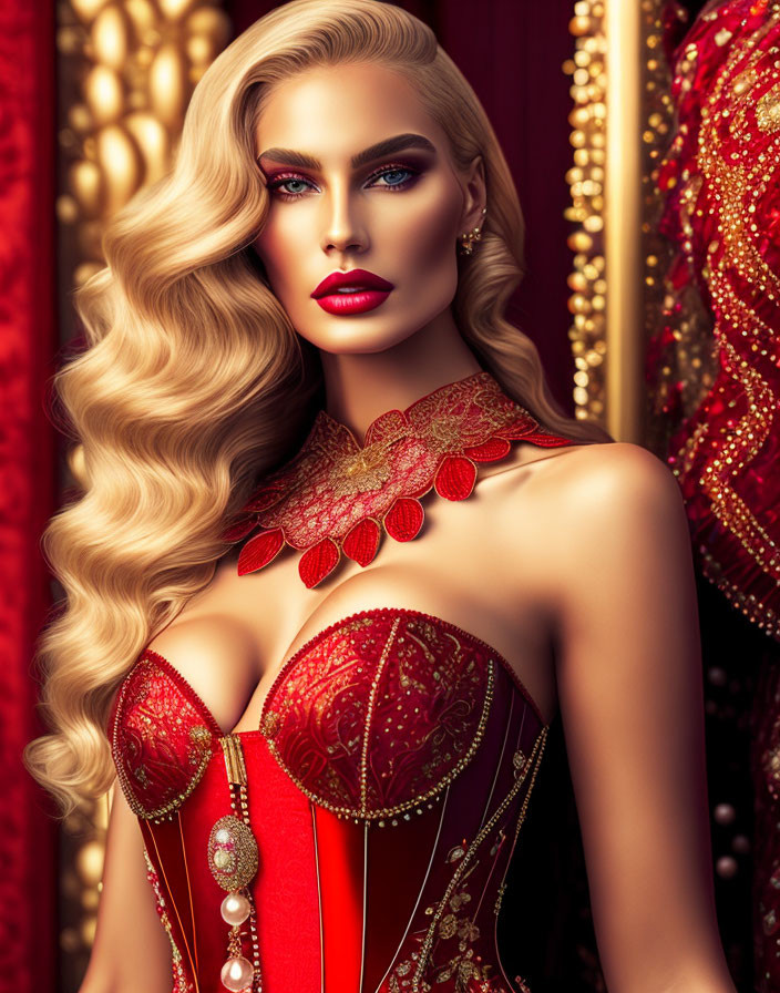 Digital illustration: Woman with curly blond hair, red corset, gold accents, and luxurious backdrop