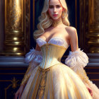 Regal woman with blonde hair in gold and white gown and crown