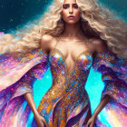 Woman with Golden Hair and Star-Studded Cape on Starry Night Sky