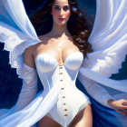 Ethereal woman in white corset on dark blue background