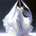 Elegant bride in white gown and veil against dark backdrop