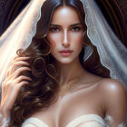 Detailed digital portrait of a woman with long wavy hair and bridal veil featuring intricate lace patterns and soft