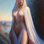 Fantasy digital art: Woman in gold bikini and white veil, serene expression, warm background