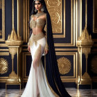 Regal woman in golden-white outfit with crown against luxurious backdrop