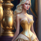 Regal woman in gold corseted gown with crown and vase