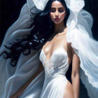 Portrait of woman in white bridal dress with long black hair