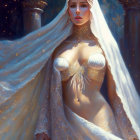 Fantasy digital artwork: Woman in white garments with gold accents in archway