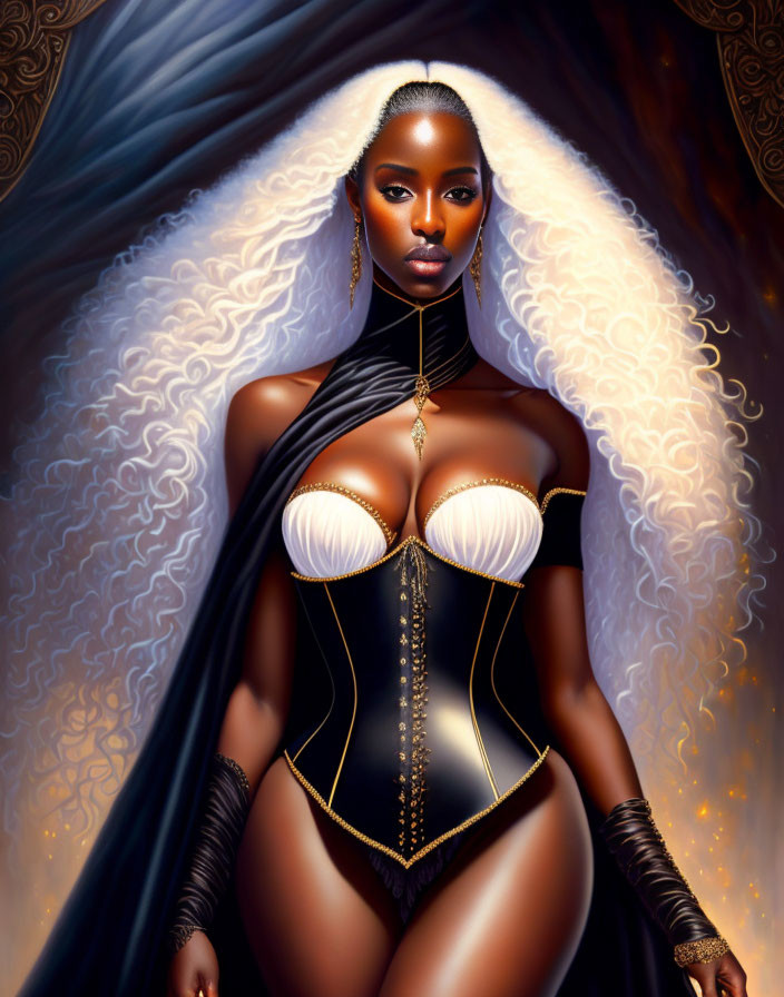 Ethereal woman in regal black and gold corset with white cape