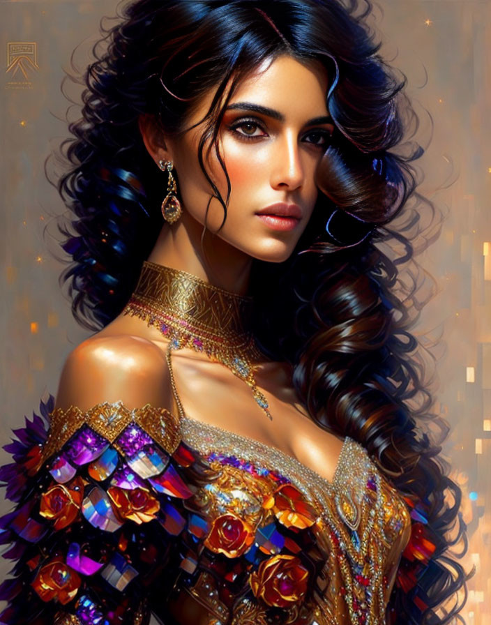 Stylish woman with long wavy hair and vibrant makeup in gemstone-adorned attire.