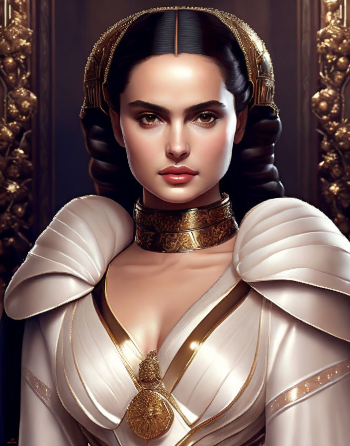 Regal woman portrait with dark hair and gold choker