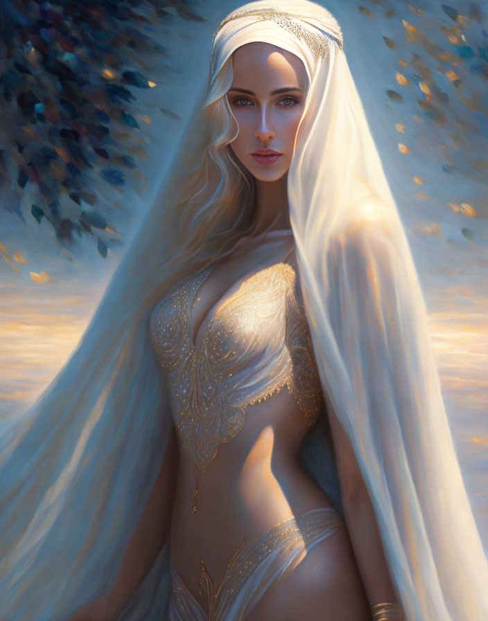 Ethereal woman in white veil and golden attire on soft glowing background