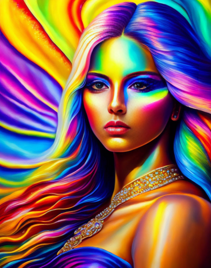 Colorful portrait of a woman with rainbow hair and makeup against abstract background