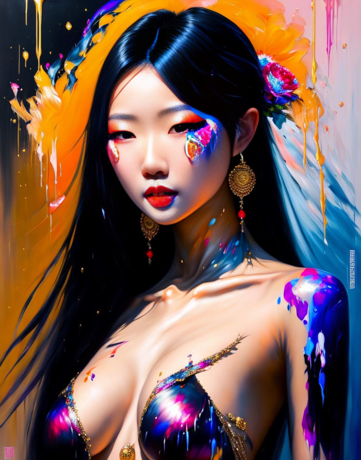 Colorful Portrait of Woman with Paint Splashes and Feather-like Decorations