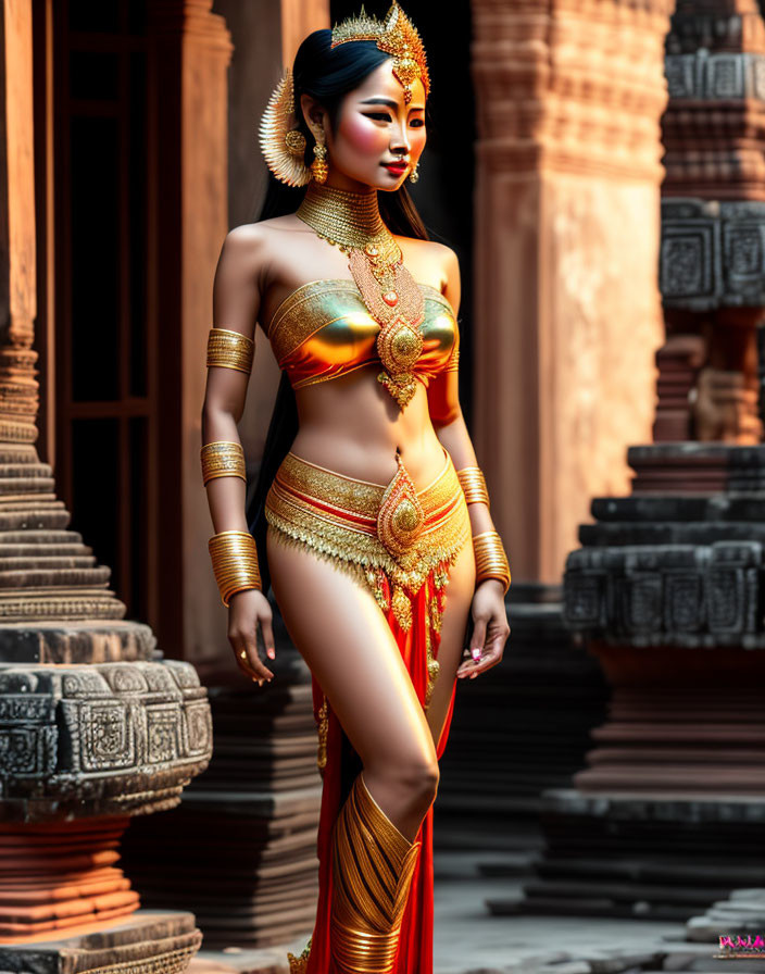 Golden traditional attire woman posing at ancient temple background