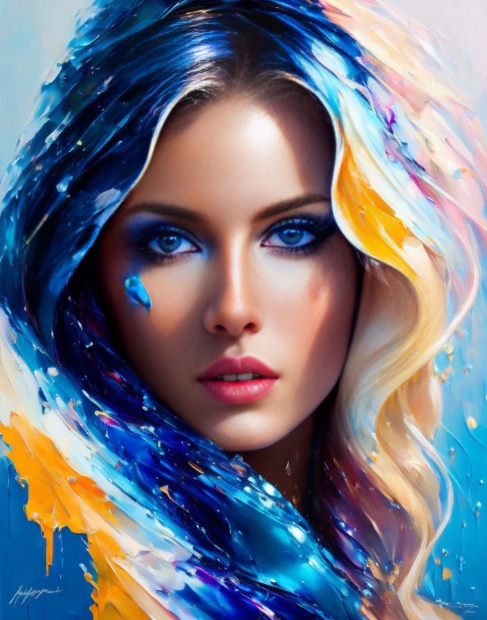 Digital artwork features woman with blue eyes, blonde hair, and colorful paint texture.