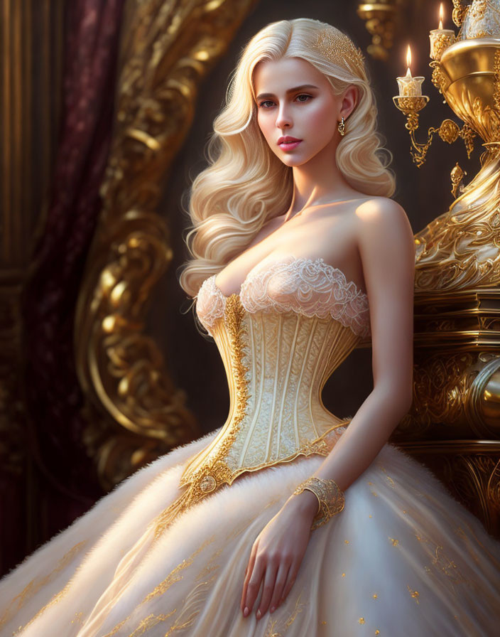 Blonde Woman in Gold-Accented White Gown with Candle Holder