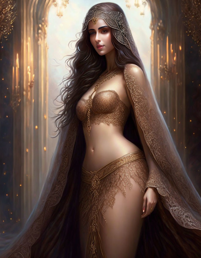 Illustrated female figure with dark hair and golden jewelry in candlelit setting