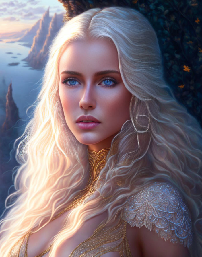 Portrait of woman with blue eyes, blond hair, gold attire in twilight fantasy scene