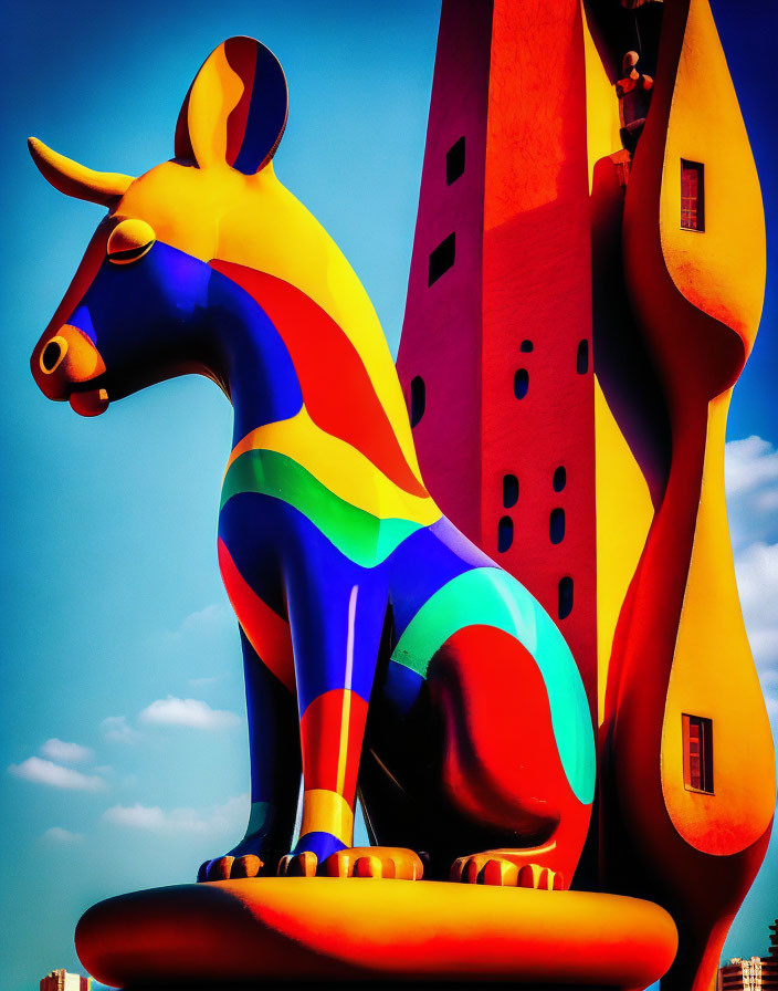 Multicolored animal sculpture against blue sky with abstract building