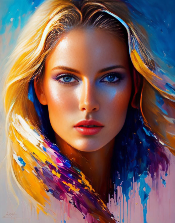 Colorful portrait of a woman with blue eyes and golden hair surrounded by abstract brush strokes