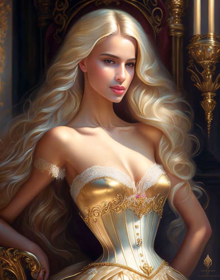 Illustrated woman with golden hair and corset gown on dark background