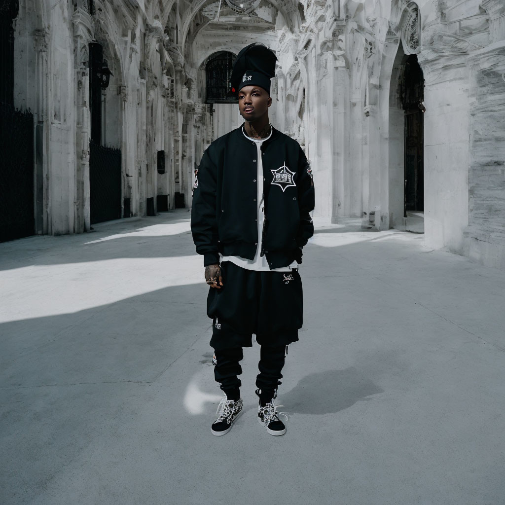 Stylish person in streetwear in symmetrical white stone arcade