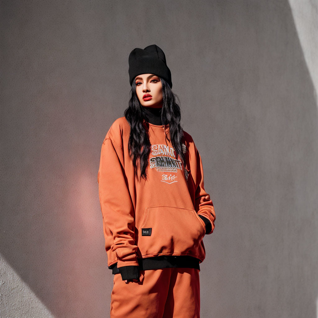 Person in Orange Sweatshirt and Pants Against Gray Wall