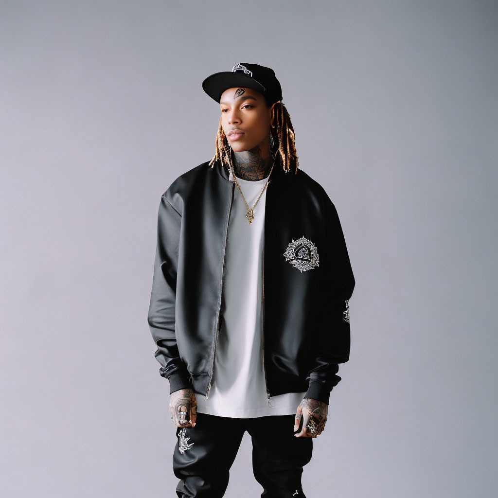 Fashionable person in black bomber jacket, white tee, cap, and jewelry on grey background