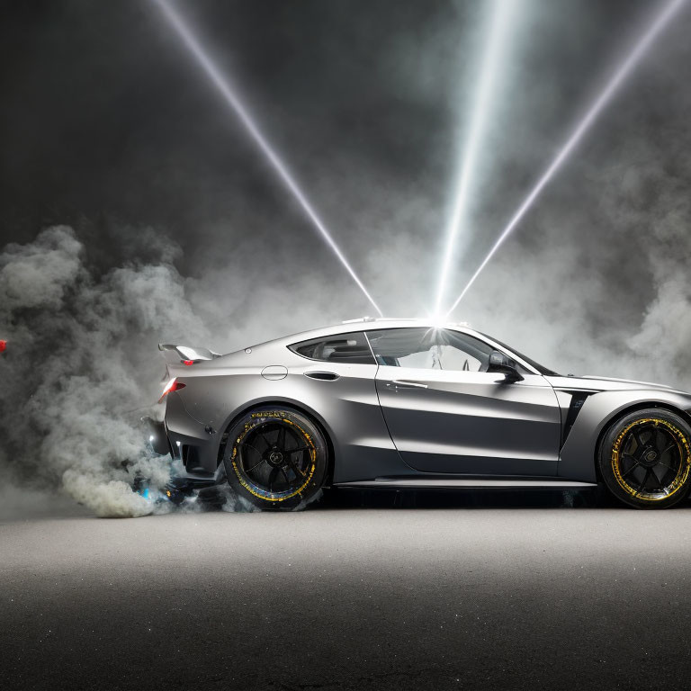 Gray Sports Car with Black and Yellow Rims in Dramatic Scene